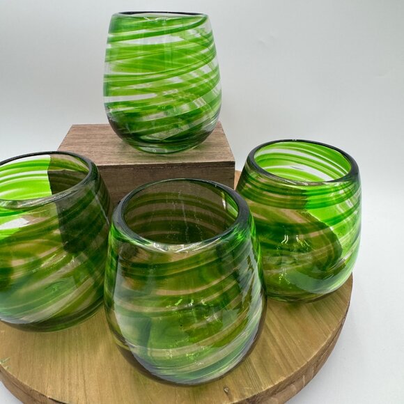4  Green Swirl Hand Blown Stemless Wine Glasses - Spring, Summer bar ware - Picture 3 of 9